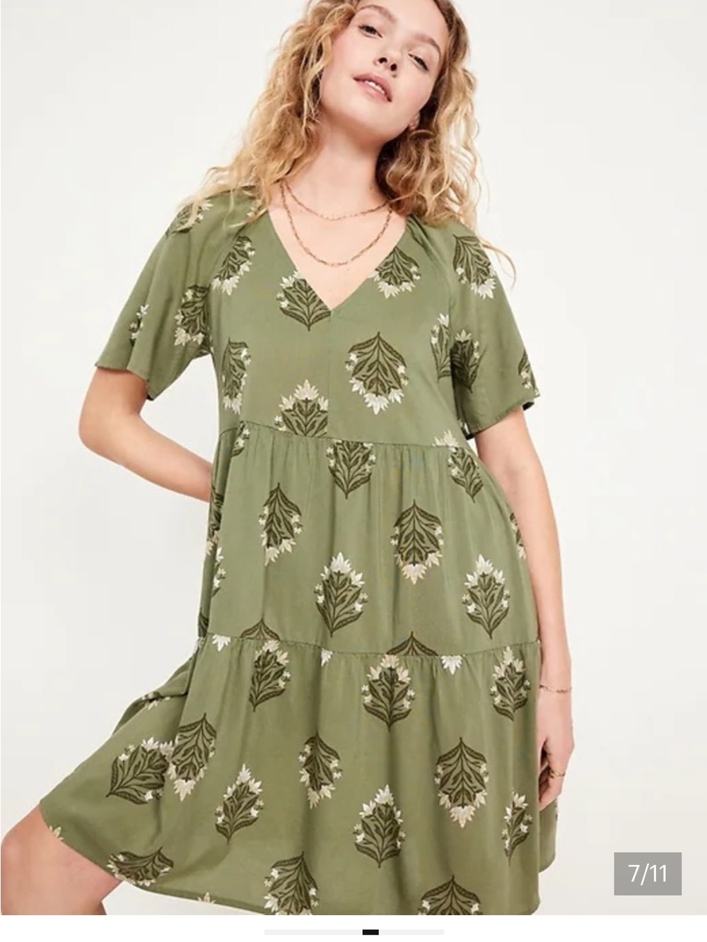 Old Navy Olive Green Floral Tiered Midi Dress